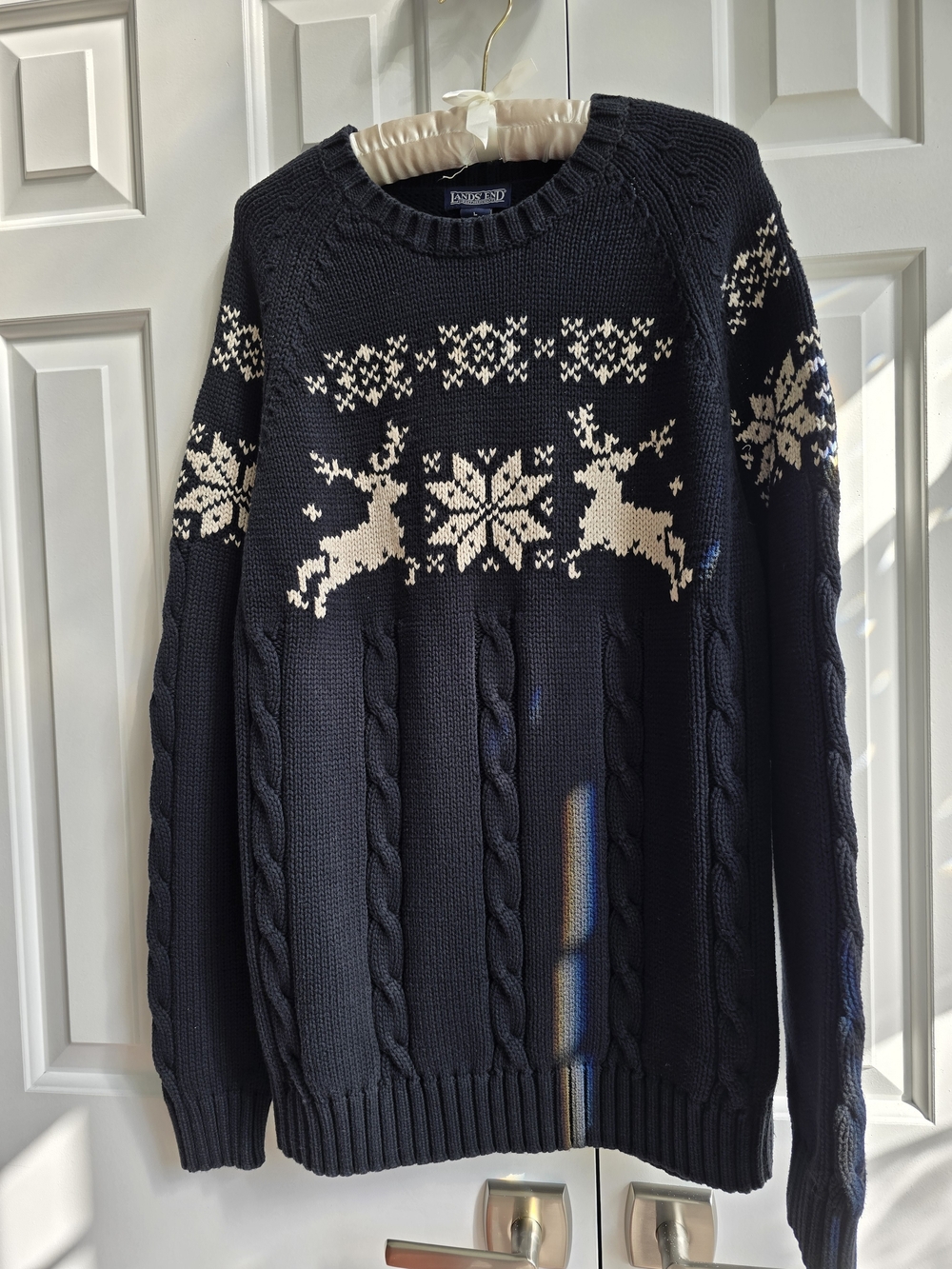 Lands' End Black and White Fair Isle Reindeer Cable-Knit Crewneck Sweater